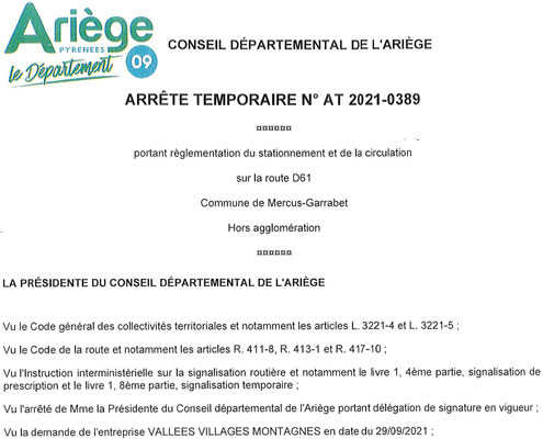 Arrêté temporaire N° AT-2021-0389 Mercus-Garrabet