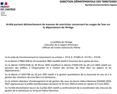 Arrêté 22.07.2022 - Restriction d'eau