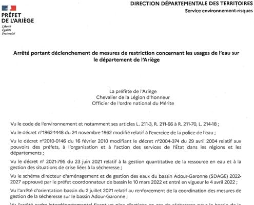 Arrêté 05.08.2022 - Restriction d'eau