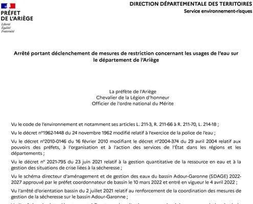 Mesures de restriction concernant les usages de l’eau