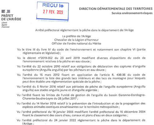 ARRETE PREFECTORAL REGLEMENTANT LA PECHE DANS L ARIEGE