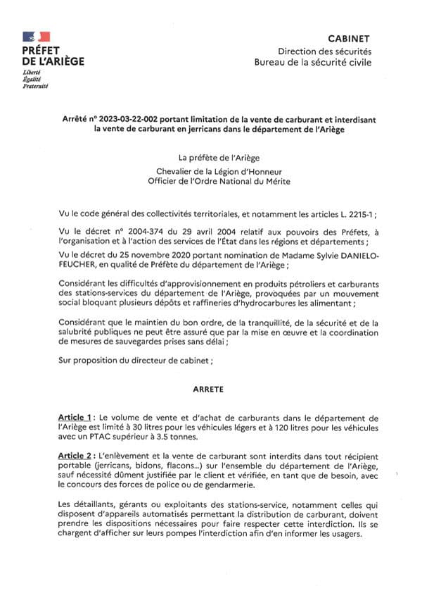 Limitation de la vente de carburant en Ariège