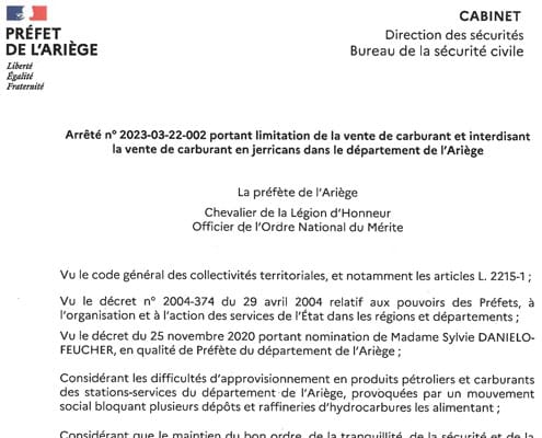 Limitation de la vente de carburant en Ariège