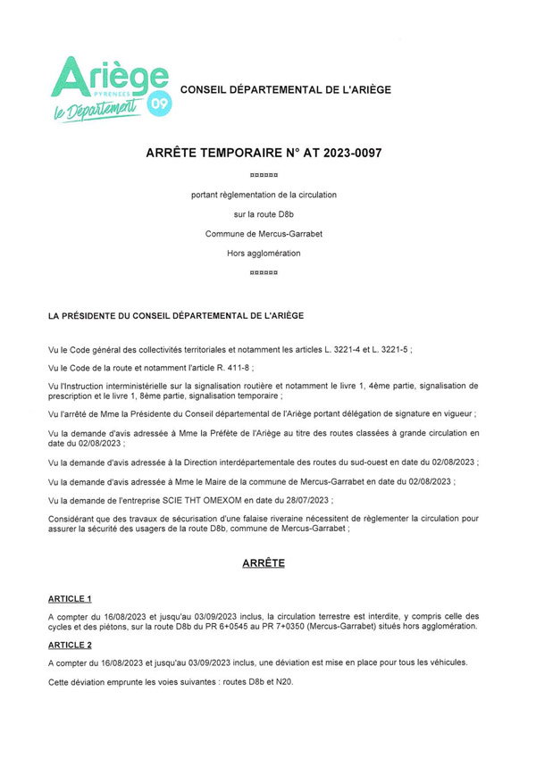Arrêté - Portant règlementation de la circulation sur la route D8b