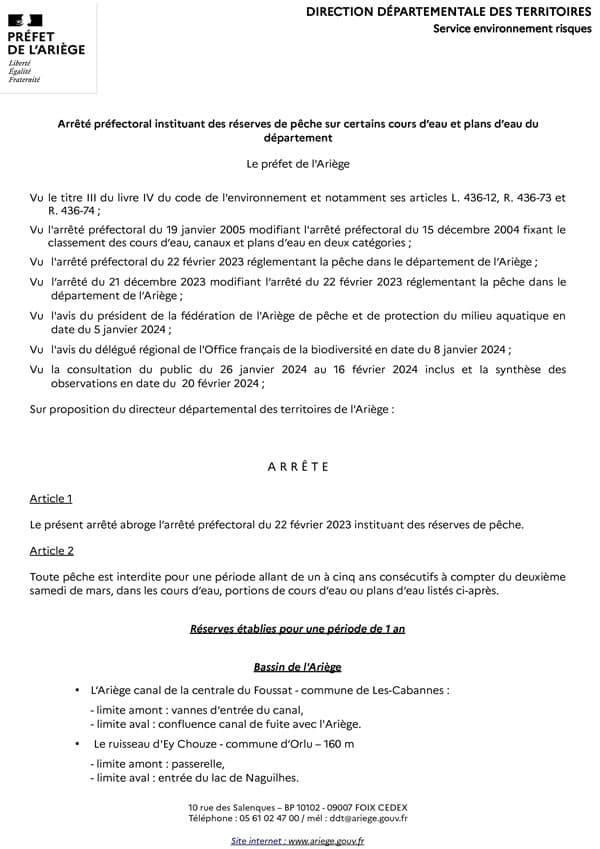 Arrêté du 21/02/2024 - Instituant des réserves de pêche