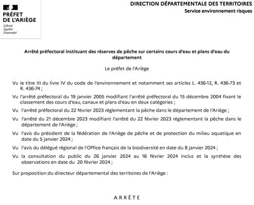 Arrêté du 21/02/2024 - Instituant des réserves de pêche