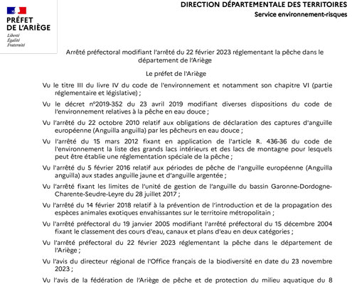 Arrêté du 21/12/2023 - Réglementant la pêche en Ariège