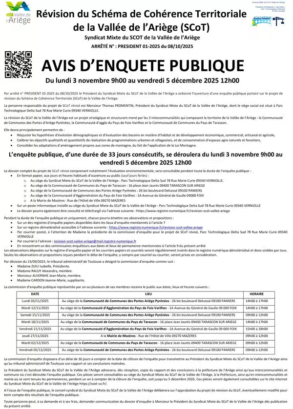 Avis d'enquête publique - Révision du Schéma de Cohérence Territoriale
