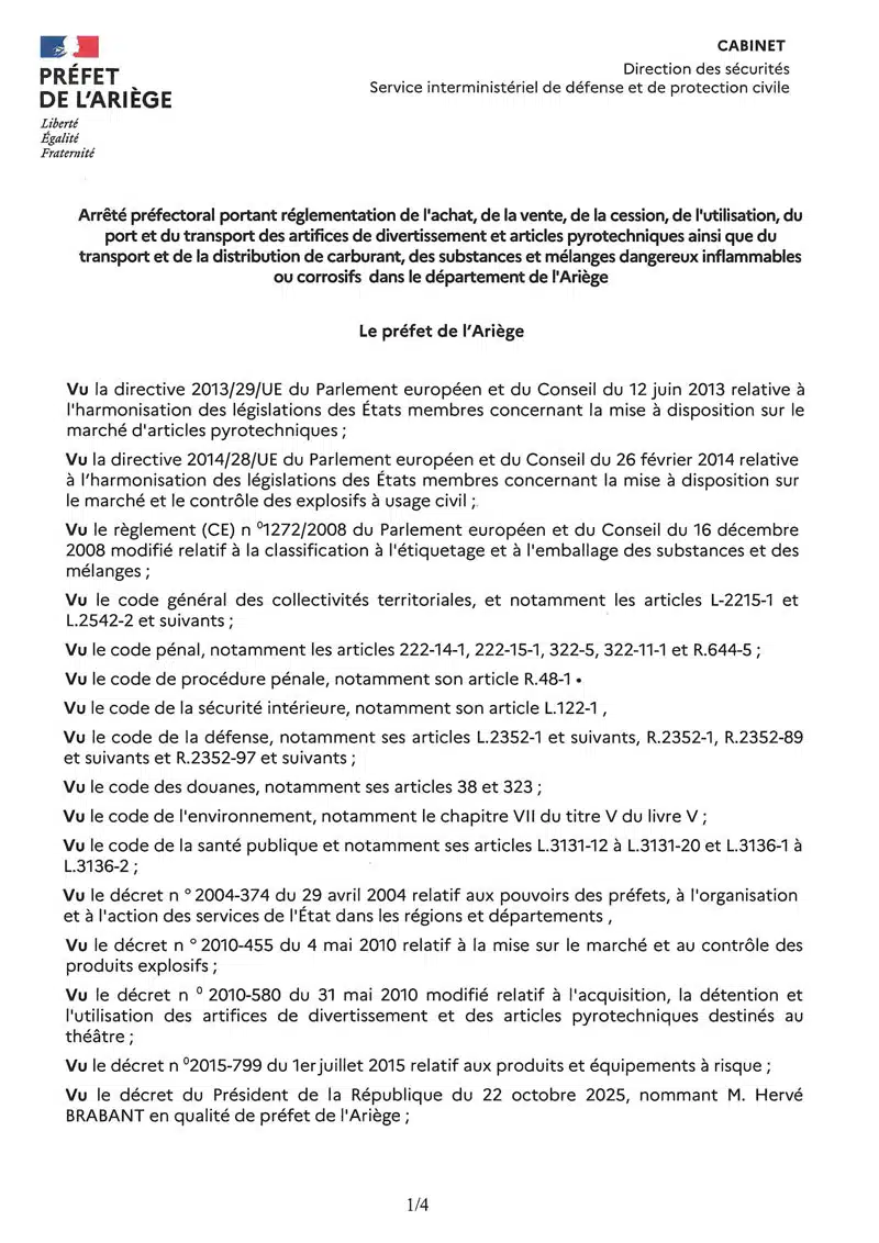 Arrêté préfectoral articles pyrotechniques et carburant