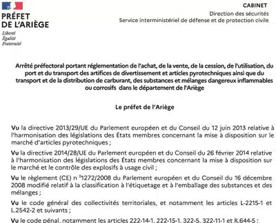 Arrêté préfectoral articles pyrotechniques et carburant