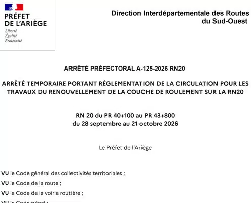 Travaux de renouvellement de la couche de roulement RN20